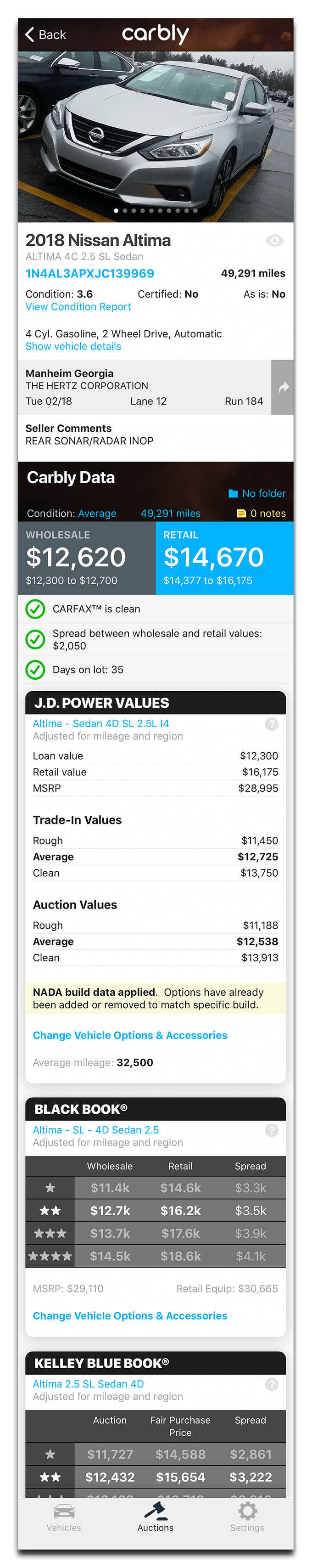 Manheim dealer auction run list on Carbly VIN scanner